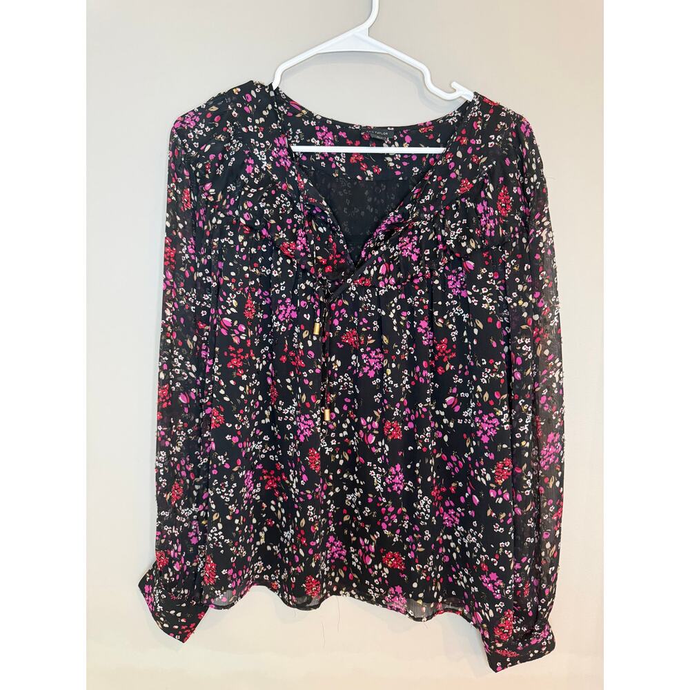 Ann Taylor Black, Red, Gold & Pink Floral Long Sleeve Blouse Top Medium